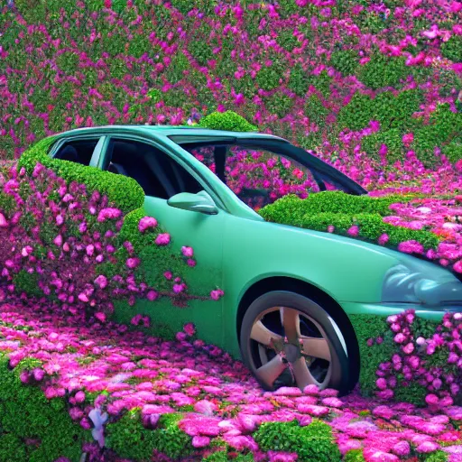 Image similar to a car being destroyed by flower covered vines, heonhwa choe, photorealistic