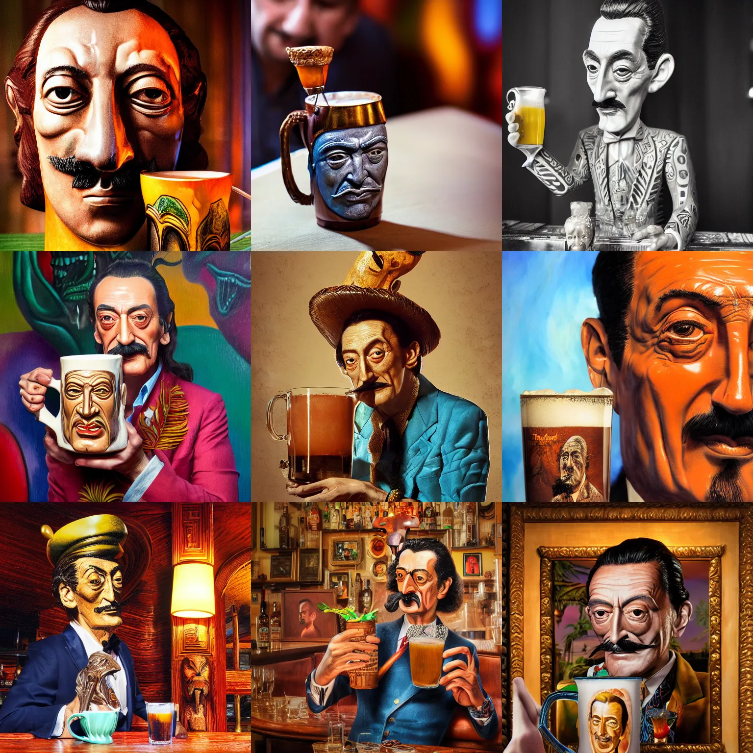 Prompt: a closeup photorealistic photograph of salvador dali at trader vic's bar holding a tiki mug with his face on it. brightly lit scene. this 4 k hd image is trending on artstation, featured on behance, well - rendered, extra crisp, features intricate detail, epic composition and the style of unreal engine.