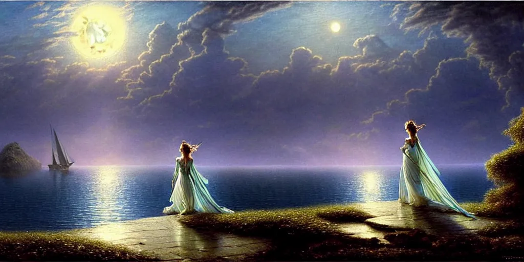 Prompt: an elegant fairy queen in a blue lace dress dancing looking out at a lord of the rings scenery landscape, staring across the sea at a large white timber sail ship, evening, god's rays highly detailed, vivid colour, soft clouds, full moon, cinematic lighting, perfect composition, gustave dore, derek zabrocki, greg rutkowski, belsinski