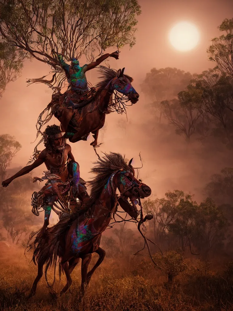 Image similar to a mystical aboriginal riding the rainbow serpent through outback australia, by viktoria gavrilenko, octane render, 8 k, beautifully lit