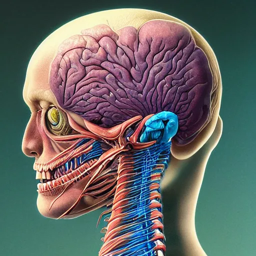 Image similar to nightmare etherreal iridescent vascular nerve bundles pearlescent spinal chord horror by naoto hattori, zdzislaw, norman rockwell, studio ghibli, anatomical cutaway