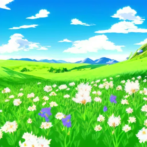 Prompt: anime background grassland, flowers, summer, mountains, wind, blue sky, few clouds, a-1 pictures,