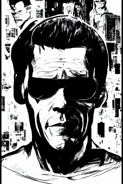 Image similar to jim carrey in the matrix, a page from cyberpunk 2 0 2 0, style of paolo parente, style of mike jackson, adam smasher, johnny silverhand, 1 9 9 0 s comic book style, white background, ink drawing, black and white