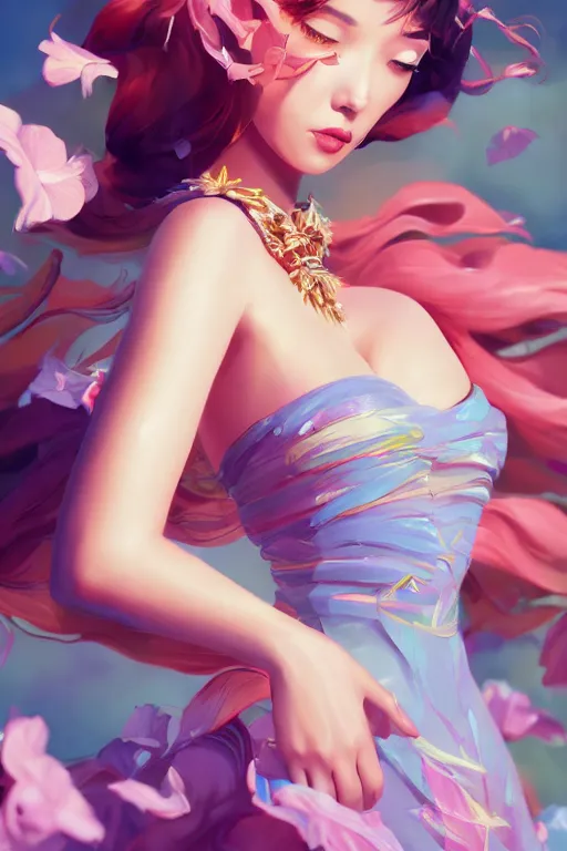 Image similar to a beautiful fashion goddness of love, chic strapless dress, tropical sea background, character design, in the style of artgerm, and wlop, cinematic lighting, hyperdetailed, 8 k realistic, symmetrical, global illumination, radiant light, frostbite 3 engine, cryengine, dof, trending on artstation, digital art