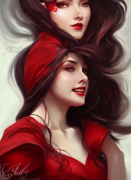 Image similar to a highly detailed illustration beautiful long black haired woman wearing red dress, elegant smiling pose, perfect face, perfect body, intricate, elegant, highly detailed, centered, digital painting, artstation, concept art, smooth, sharp focus, league of legends concept art, wlop