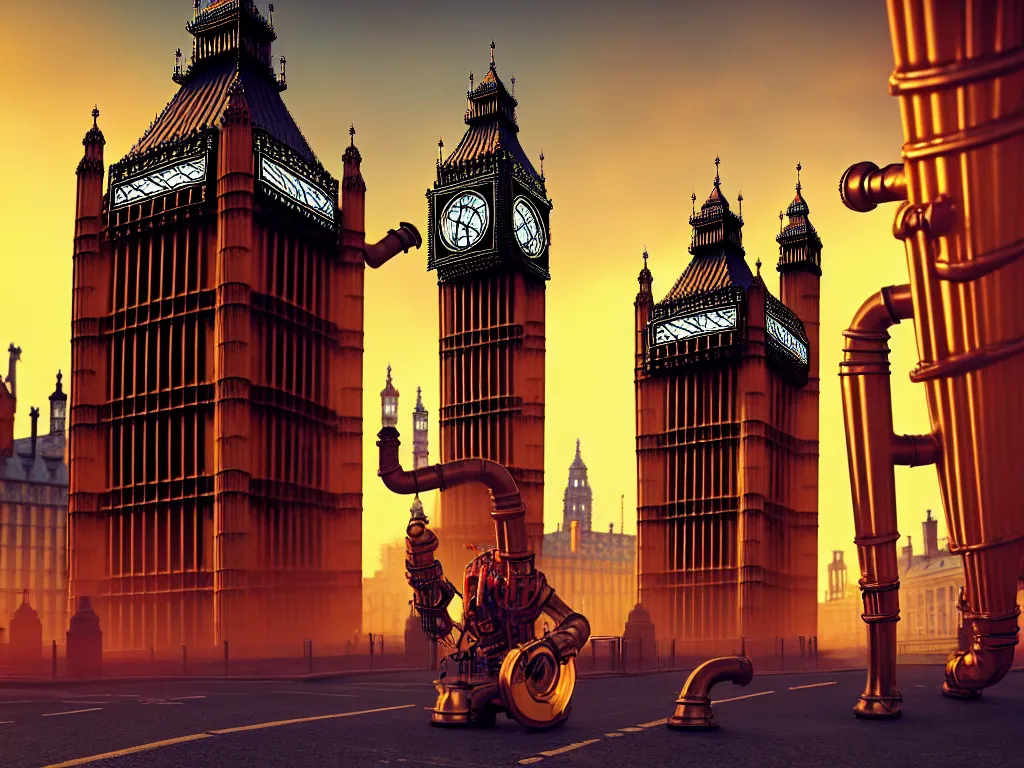 Image similar to a giant ancient beautiful cyborg of the elder gods with pipes and tubes in the city of London, London streets with bigben in the background, colourful, dramatic lighting, golden hour, very detailed octane render very realistic beautiful