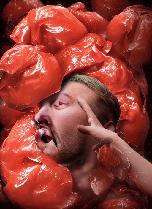 Image similar to a hyper realistic ultra realistic photograph of a man transmogrifying into crumpled tomato, top secret, highly detailed, 8k photo