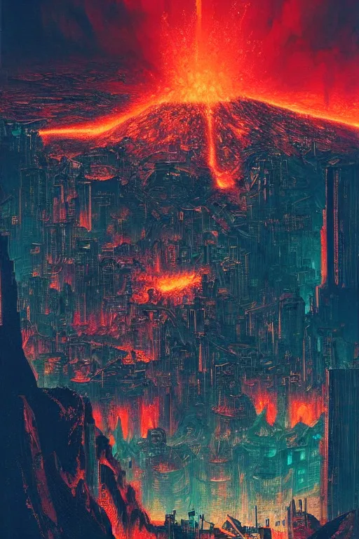 Prompt: a cyberpunk city in the crater of a volcano, lava flowing, smoke, fire, neon, clubs, industrial, by paul lehr, jesper ejsing