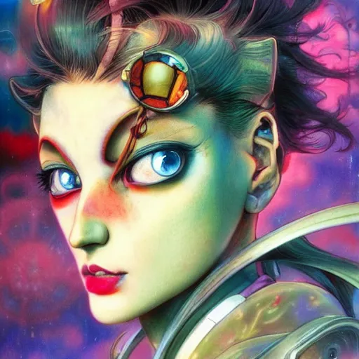 Prompt: vibrant face portrait of a diesel punk sailor moon on the art deco streets of the big city, 3 d anime, award - winning realistic sci - fi concept art by jim burns and greg rutkowski, picasso, beksinski, masterpiece, complimentary colors, james gilleard, bruegel, alphonse mucha, and yoshitaka amano