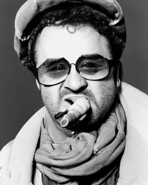 Prompt: headshot of a crazed john belushi smoking a cigar, he is wearing a leather bomber cap on his head, he has on aviator goggles, he is also wearing an a 2 flight jacket, a long white wool scarf is wrapped around his neck, he has a 5 o'clock shadow