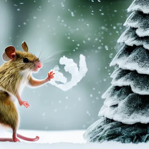 Prompt: 2 mice dancing in the snow, white and grey, green trees, award winning macro shot, in focus, national geographic