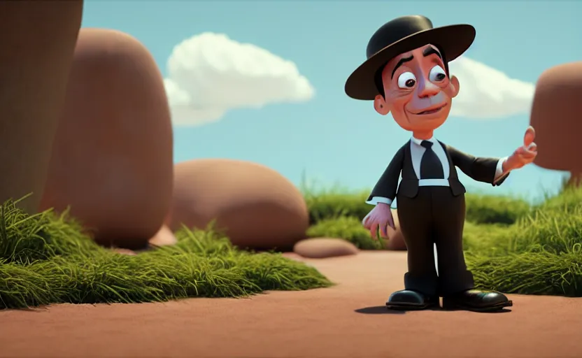 Image similar to buster keaton in disney pixar style, volumetric lighting, octane render, unreal engine, very detailed