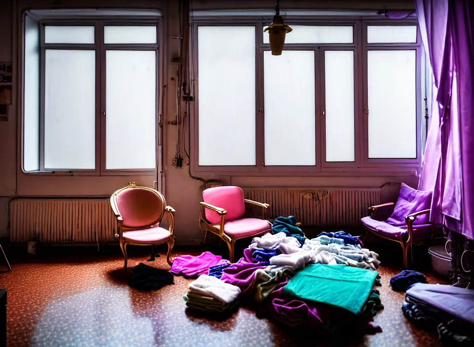 Prompt: telephoto 7 0 mm f / 2. 8 iso 2 0 0 photograph depicting the feeling of chrysalism in a cosy cluttered french sci - fi ( art nouveau ) cyberpunk apartment in a pastel dreamstate art cinema style. ( laundry, computer screens, window ( city ), armchair, lamp ( ( ( fish tank ) ) ) ), ambient light.