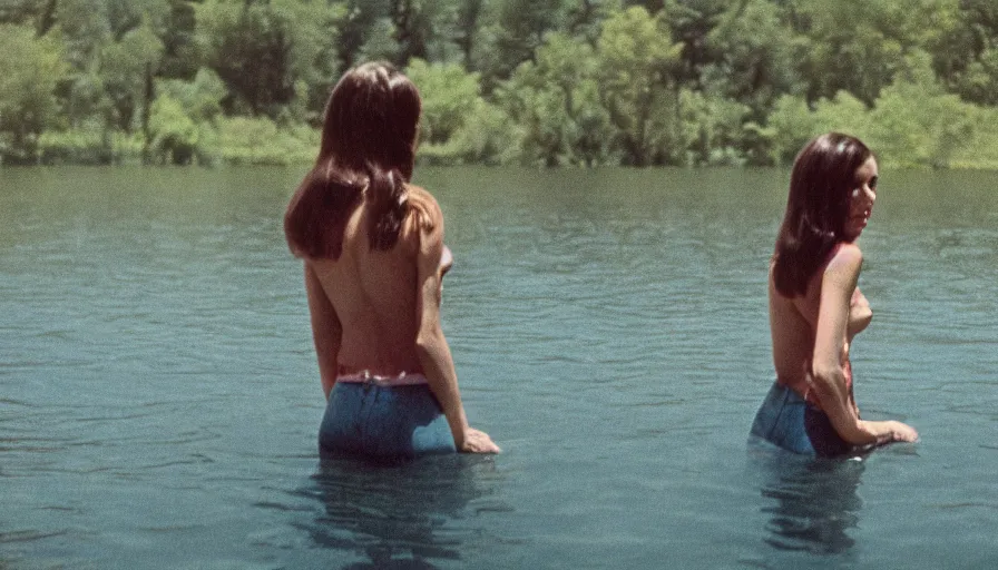 Image similar to 7 0 s film still from a horror movie about riley reid standing in the middle of a lake, kodachrome, cinecolor, cinestill, film grain, film texture, retro, cinematic, high resolution, photorealism,