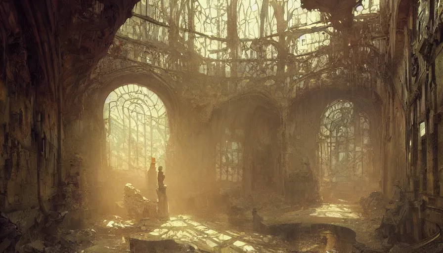 Prompt: a beautiful intricate painting of a abandoned dungeon, reflections, very high details by william turner art, greg rutkowski and alphonse mucha, trending on artstation, very very detailed, masterpiece,