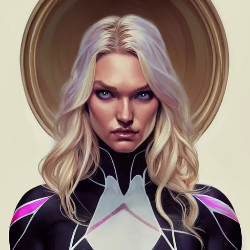 Image similar to Blonde Candice Swanepoel as Spider-Gwen, western, D&D, fantasy, intricate, elegant, highly detailed, digital painting, artstation, concept art, matte, sharp focus, illustration, art by Artgerm and Greg Rutkowski and Alphonse Mucha