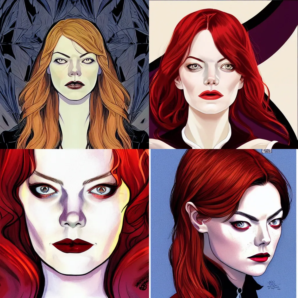 Prompt: Emma Stone vampire in the style of Joshua Middleton comic art, symmetrical face symmetrical eyes