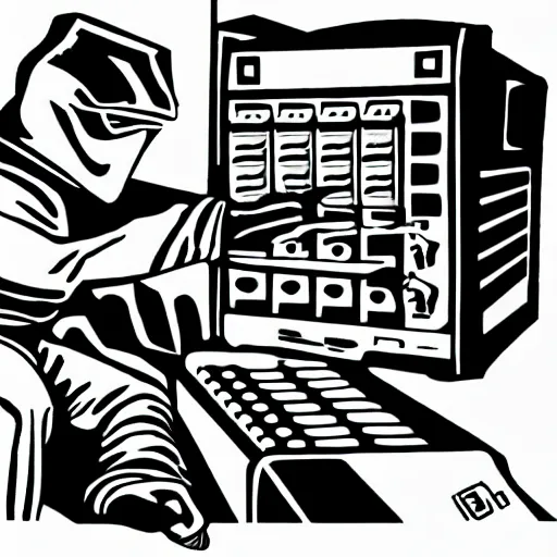 Prompt: 90s retro illustration of a ninja smashing up a mixing console in a studio