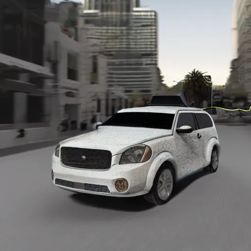 Prompt: a photorealistic image of bichon frise riding in the back on an Uber SUV through Hollywood at dusk. This 4K HD image is Trending on Artstation, featured on Behance, well-rendered, extra crisp, features intricate detail and the style of Unreal Engine.