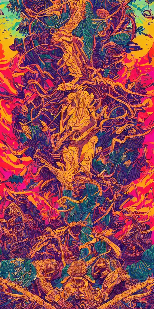 Prompt: five piece rock band poster, pine tree, psychedelic intricate highly detailed symmetrical, cinematic movie screen printing poster colorful and vivid pattern, by Artgerm, Darius Zawadzki, James Jean and Moebius, Artstation trending