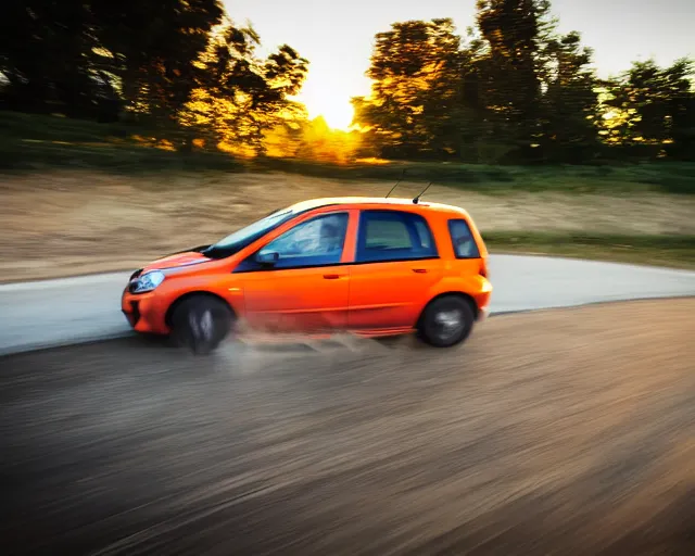 Image similar to border collie dog in the driver's seat of an orange nissan note, paws on wheel, car moving fast, rally driving photo, award winning photo, golden hour, front of car angle, motion blur