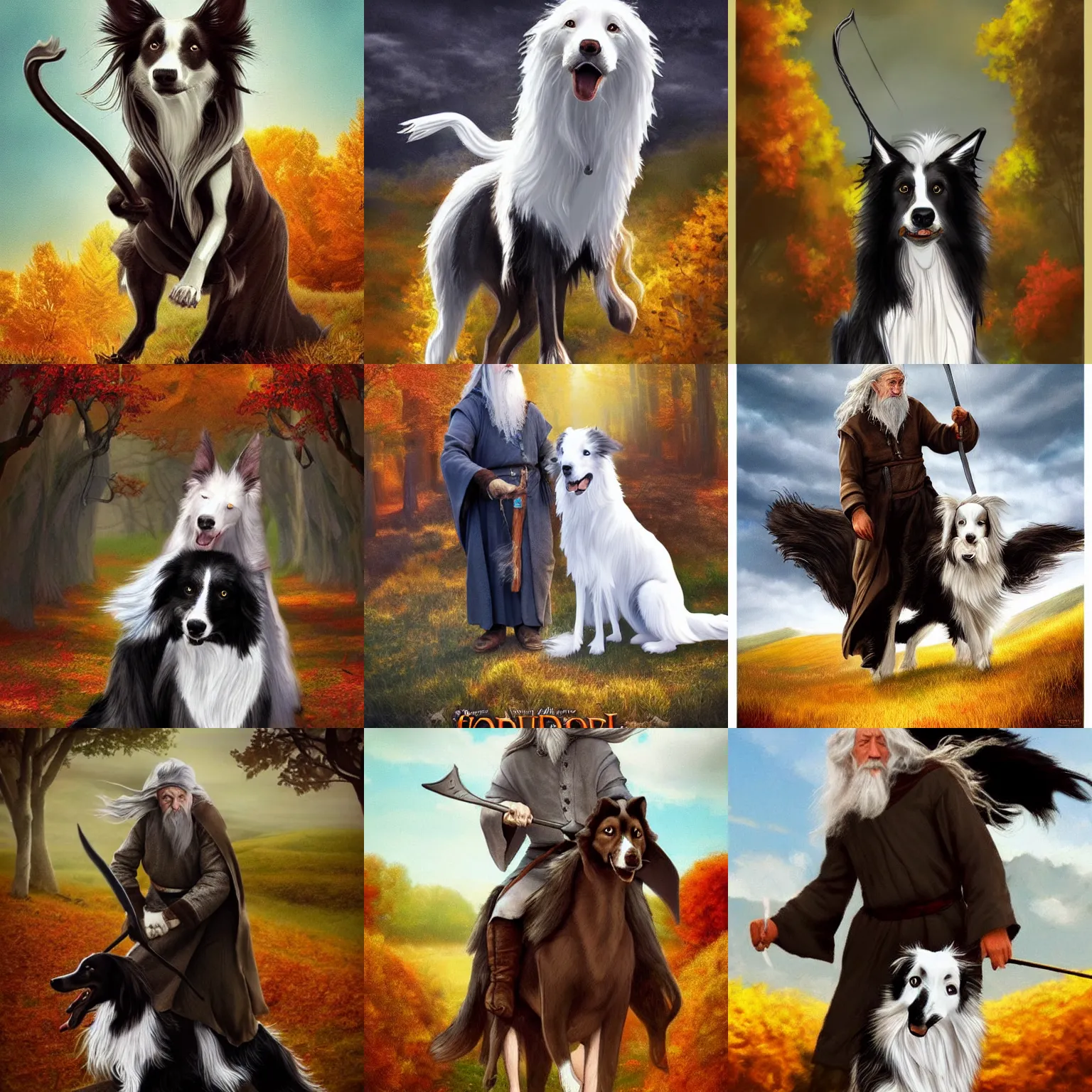 Prompt: gandalf riding a border collie, movie!!!!! poster!!!!!, autumn colors, artstation