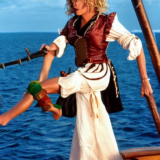 Image similar to Meg Ryan dressed as a pirate 🦜 with a wooden leg and a parrot on her shoulder and an eye patch on a pirate ship