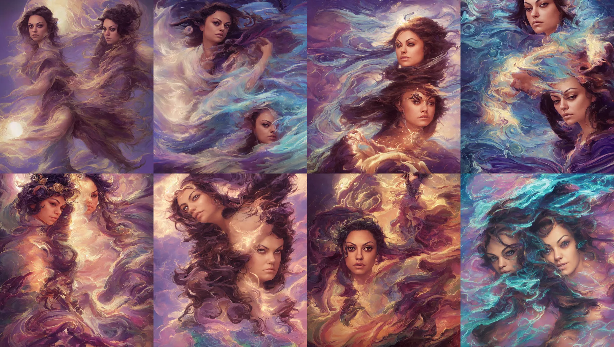 Image similar to close portrait mila kunis, wind sorcerer, intricate robes, gloomhaven, luminescent, colorful swirly magic ripples, pastel colors, by greg manchess, huang guangjian, gil elvgren, sachin teng, greg rutkowski, jesper ejsing, ilya kuvshinov, focal length : 2 0 0. 0 mm