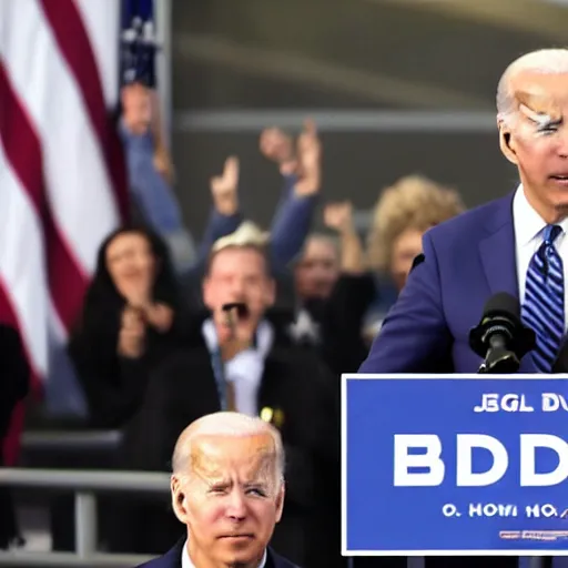 Prompt: joe biden giving speech looking up in the sky hands up