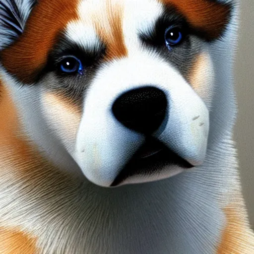 Image similar to a puppy, husky, german shepherd, pit bull mix, blue eyes, caramel brown ears, symmetrical, vertical broad white stripe on face, realistic, cute, beautiful, detailed by Goro Fujita