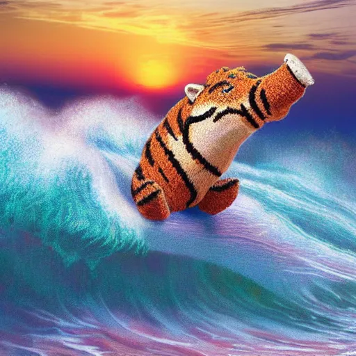 Image similar to a closeup photorealistic photograph of a cute smiling knitted tiger hippopotamus riding a large wave at sunset. surf in the background. professional capture. brightly lit scene. this 4 k hd image is trending on artstation, featured on behance, well - rendered, extra crisp, features intricate detail, epic composition and the style of unreal engine.