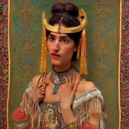 Prompt: orientalist portrait of an ornate mesopotamian headdress being worn by a woman standing in front of tapestry carpet intricate artwork by john william waterhouse and Edwin Longsden Long and Theodore Ralli and Henryk Siemiradzki. trending on artstation, very coherent symmetrical artwork high detail 8k