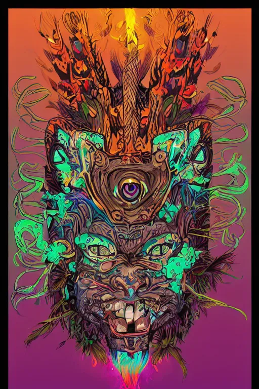 Image similar to animal mask totem roots flower tribal feather gemstone plant wood rock shaman vodoo video game vector cutout illustration vivid multicolor borderlands comics by josan gonzales and dan mumford radiating a glowing aura