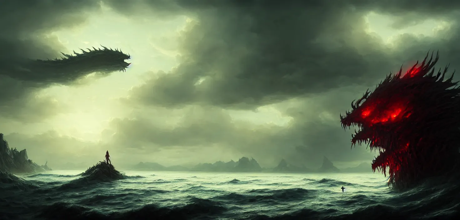 Prompt: mysterious monster rising from the bloody sea, seven dragon heads, landscape, cinematic view, epic sky, detailed, concept art, low angle, high detail, warm lighting, volumetric, godrays, vivid, beautiful, trending on artstation, by jordan grimmer, huge scene, grass, art greg rutkowski
