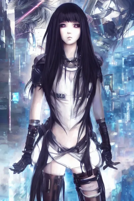 Image similar to portrait Anime girl in cyberpunk trinity blood armor, cute-fine-face, black-hair pretty face, realistic shaded Perfect face, fine details. Anime. realistic shaded lighting by Ilya Kuvshinov katsuhiro otomo ghost-in-the-shell, magali villeneuve, artgerm, rutkowski, WLOP Jeremy Lipkin and Giuseppe Dangelico Pino and Michael Garmash and Rob Rey and Yoshitaka Amano and Thores Shibamoto