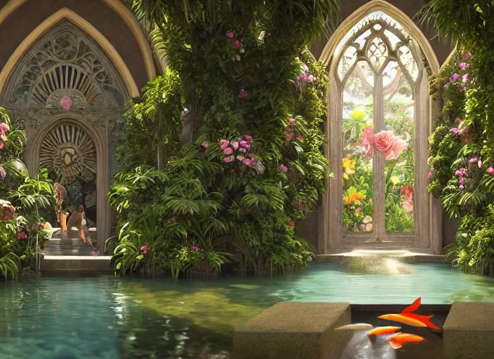 Image similar to ultra realistic, artstation, concept art, by artgerm and greg rutkowski and alphonse mucha and wlop cathedral interior with koi pond in the middle surrounded by palm trees, ivy, flowers, tropical plants, roses, and with archways. rendered in octane render with photorealistic lighting