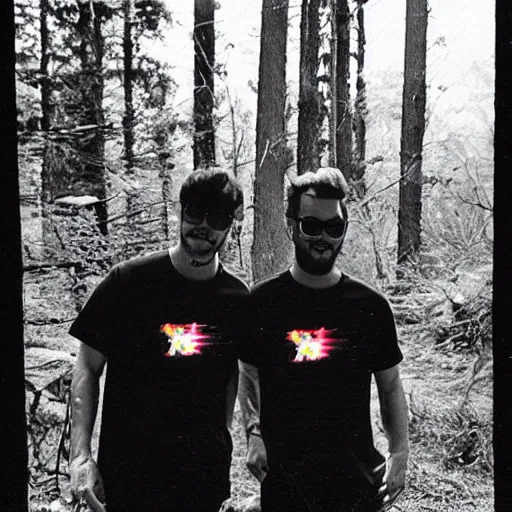 Prompt: grainy low quality 90s poloraid photo of a couple guys wearing Synthwave style shirts near a campfire, scanned photo, visual photo artifacts