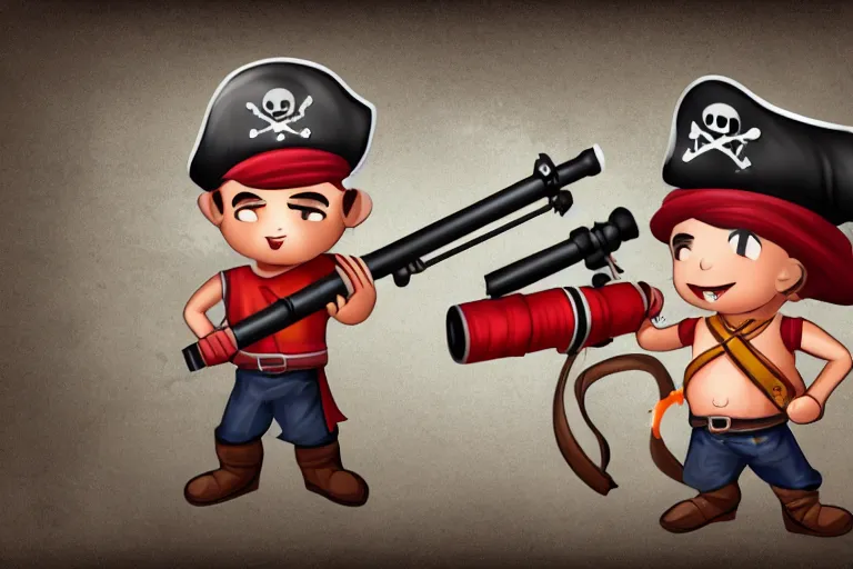 Image similar to little man with a pirate hat holds a bazooka, chibi, game character design