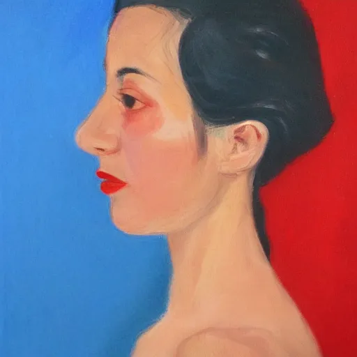 Prompt: profile portrait in peruvian realist style of woman ( 1 9 5 4 ), young!!!, cerulean blue, cadmium red, zinc white, overhead lighting, detailed, expressive, shadows