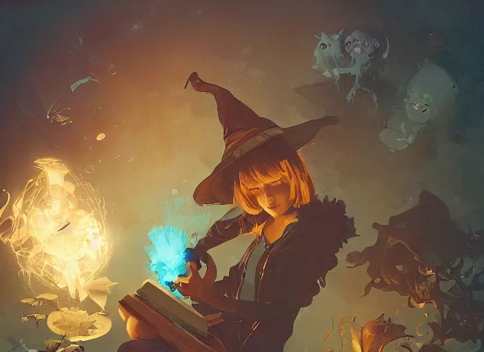Prompt: a little witch opening a book of magic art by craig mullins, james gilleard, by joe fenton, by greg rutkowski, by greg tocchini, by kaethe butcher, 4 k resolution, gradient yellow, black, brown and cyan color scheme, grunge aesthetic!!!