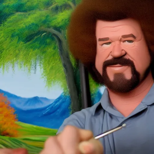 Image similar to a closeup photorealistic photograph of bob ross adding the finishing touches to a canvas painting of kenny powers. mountains and trees. film still. brightly lit scene. this 4 k hd image is trending on artstation, featured on behance, well - rendered, extra crisp, features intricate detail, epic composition and the style of unreal engine.