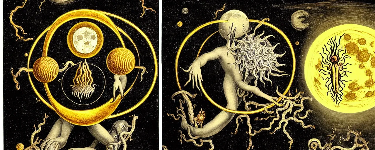 Prompt: a strange alchemical homunculus creature with a mouth of gold radiates a unique canto'as above so below'to the moon, while being ignited by the spirit of haeckel and robert fludd, breakthrough is iminent, glory be to the magic within, in honor of saturn, painted by ronny khalil