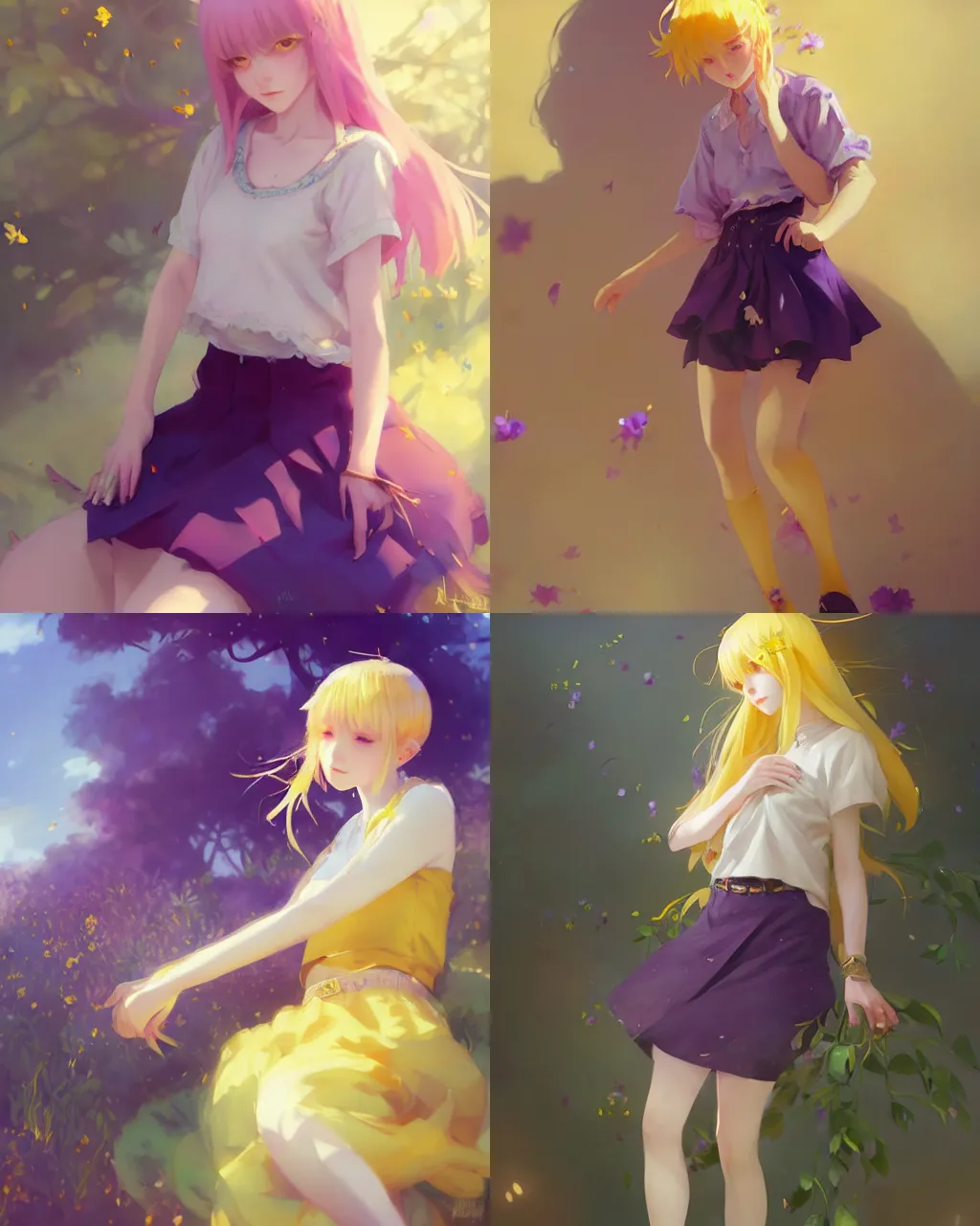 Prompt: girl with yellow hair and purple skirt, flower decoration on the background, a beautiful half body illustration, top lighting, perfect shadow, soft painting, art by hidari and krenz cushart and wenjun lin