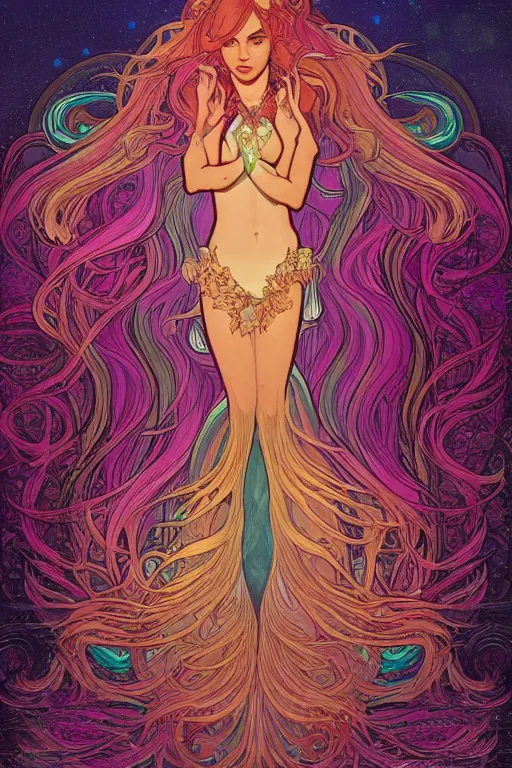 Prompt: a beautiful psychedelic mermaid with a beautiful fin, symmetrical features, cinematic lighting, soft bokeh, fantasy, modern, colourful, highly detailed, digital painting, artstation, deviantart, concept art, sharp focus, illustration, by alphonse mucha