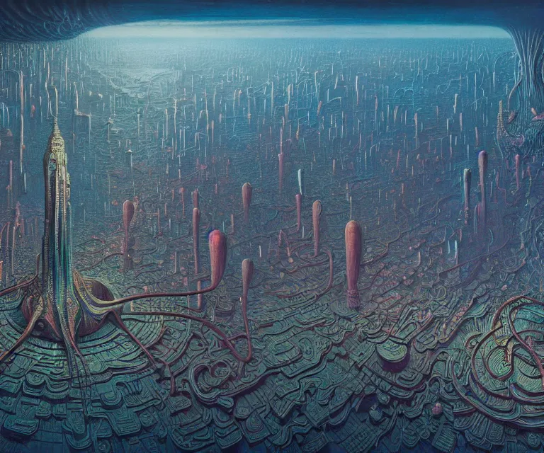 Image similar to hyper detailed 3d render like a Oil painting - advanced alien city at the bottom of the sea, by Jacek Yerka, Mariusz Lewandowski, Houdini algorithmic generative render, Abstract brush strokes, Masterpiece, Edward Hopper and James Gilleard, Zdzislaw Beksinski, Mark Ryden, Wolfgang Lettl, hints of Yayoi Kasuma, octane render, 8k