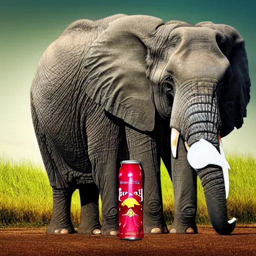 Image similar to a photo of a giant can of red bull with an elephant trying to drink it