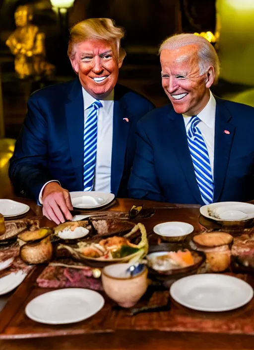 Image similar to Trump and Biden having dinner at a fancy Balinese restaurant, award winning photography, sigma 85mm Lens F/1.4, perfect faces