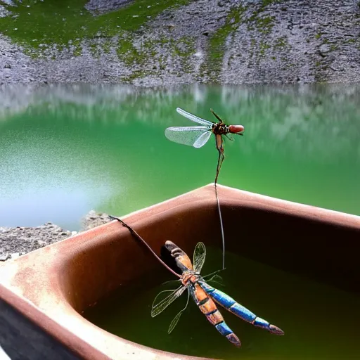 Image similar to dragonfly in a bathtub in the alps, big goat in the background