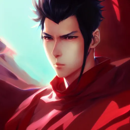 Image similar to anime portrait of a slick black hair guy with red eyes by stanley artgerm lau, wlop, rossdraws, james jean, andrei riabovitchev, marc simonetti, and sakimichan, trending on artstation