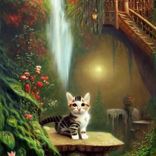Image similar to painting of one kitten in the enchanted forest standing on the steps and watching the waterfall, fantasy, intricate, extremely detailed, matte, featured in artstation, art by louis wain, greg rutkowski